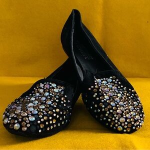 Demure Vintage black suede flats with rhinestones- pink, yellow, aqua shimmer